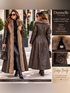 Damselle Vintage Brown Leather Fox
Fur Trim Long Trench Coat Size S